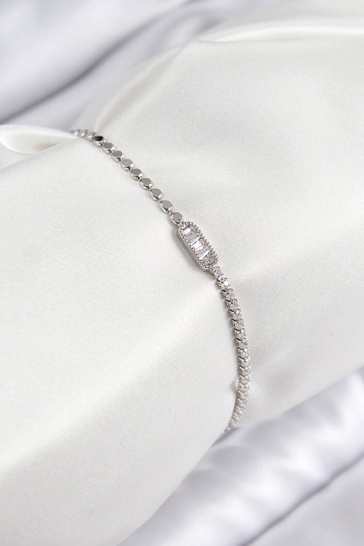Brass Zircon Stone Rectangle Pattern Crush Chain Silver Color Women's Bracelet