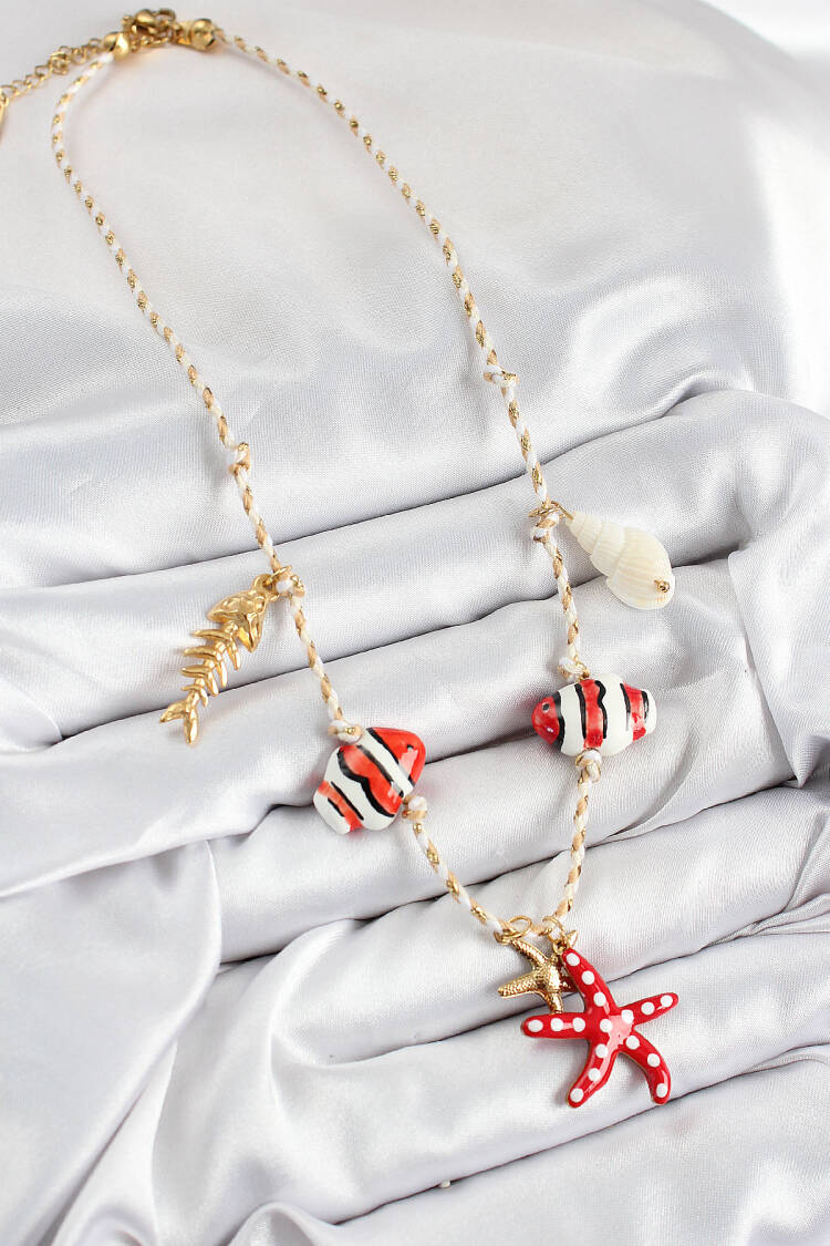 Sea Yıldız Figured Pattern Cream Rope Women Necklace With Ceramic Motif