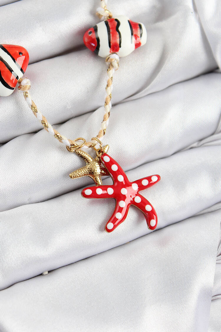 Sea Yıldız Figured Pattern Cream Rope Women Necklace With Ceramic Motif - Brand: Ebijuteri - Women & Kids, Baby Clothes Wholesale - Globality Store