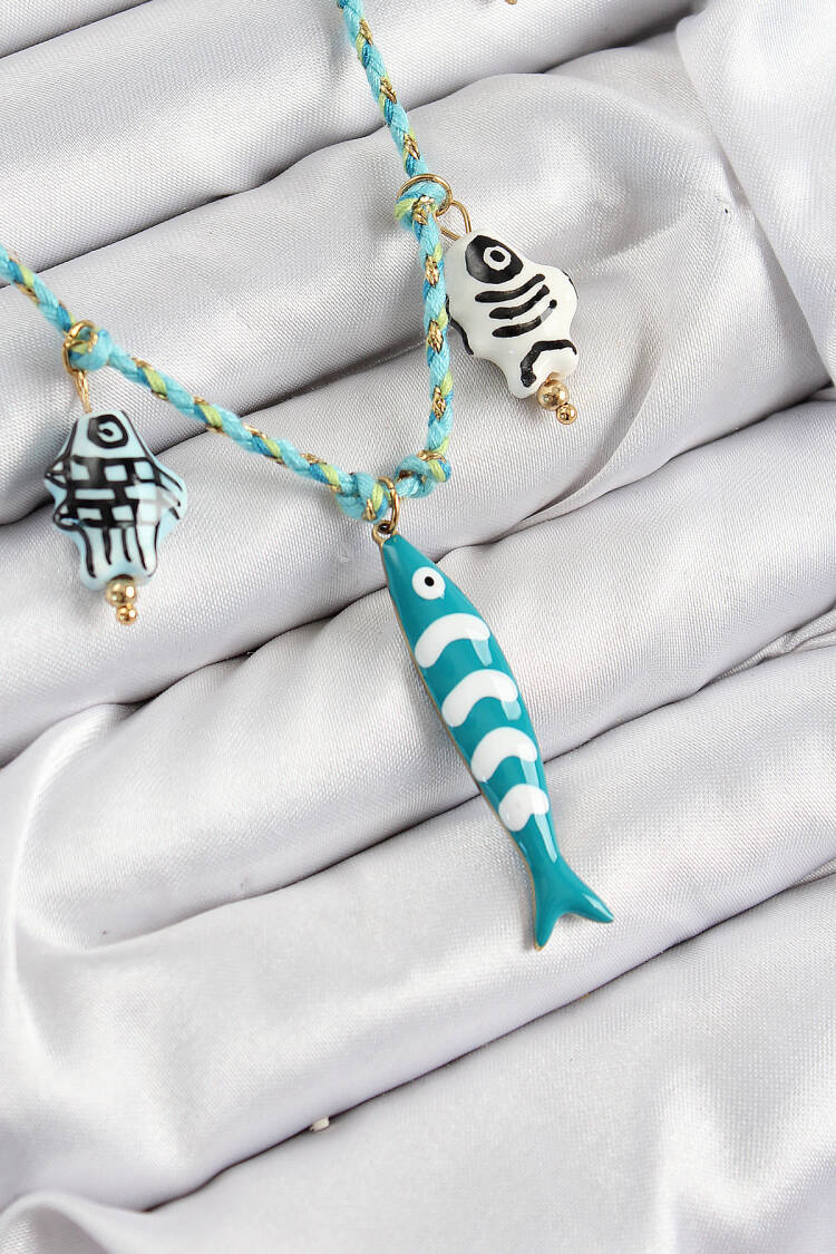 Fish Figured Pattern Blue Rope Women Necklace With Ceramic Motif