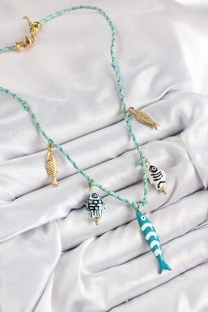 Fish Figured Pattern Blue Rope Women Necklace With Ceramic Motif
