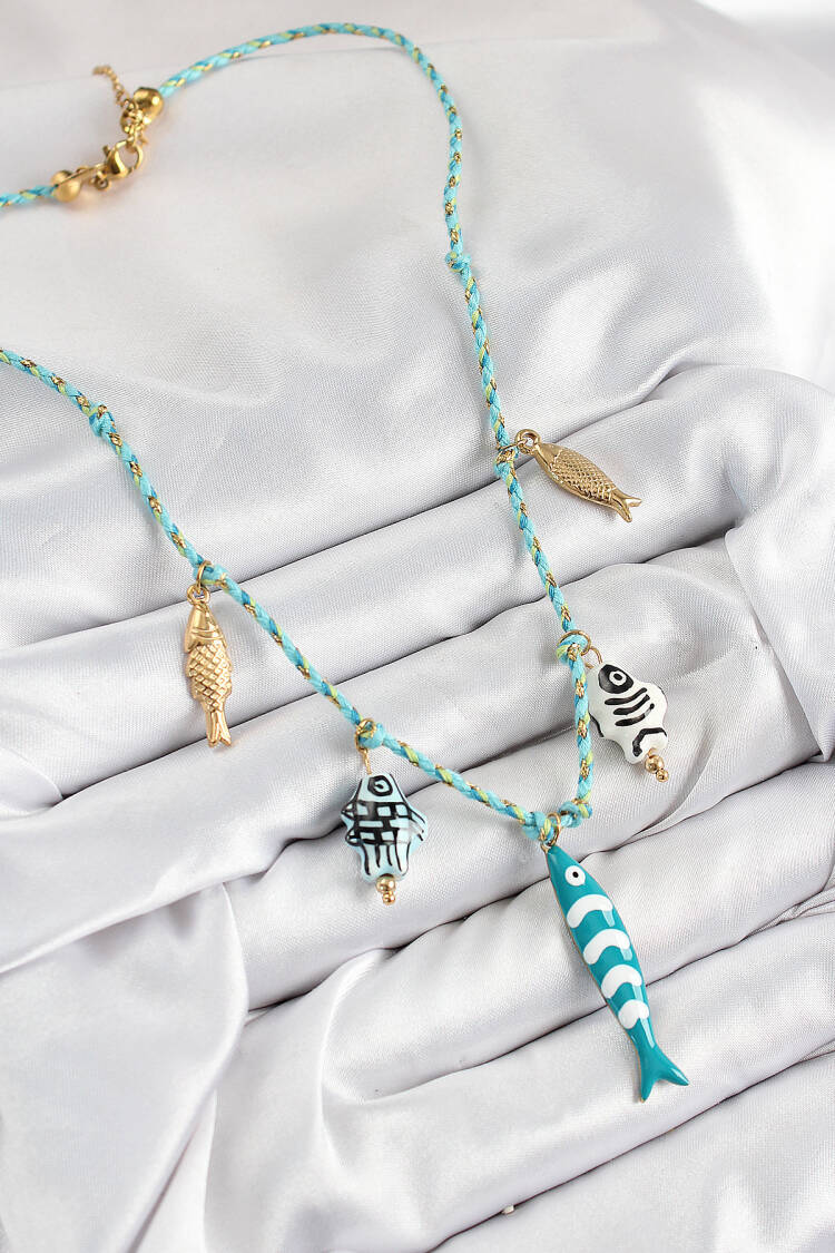 Fish Figured Pattern Blue Rope Women Necklace With Ceramic Motif