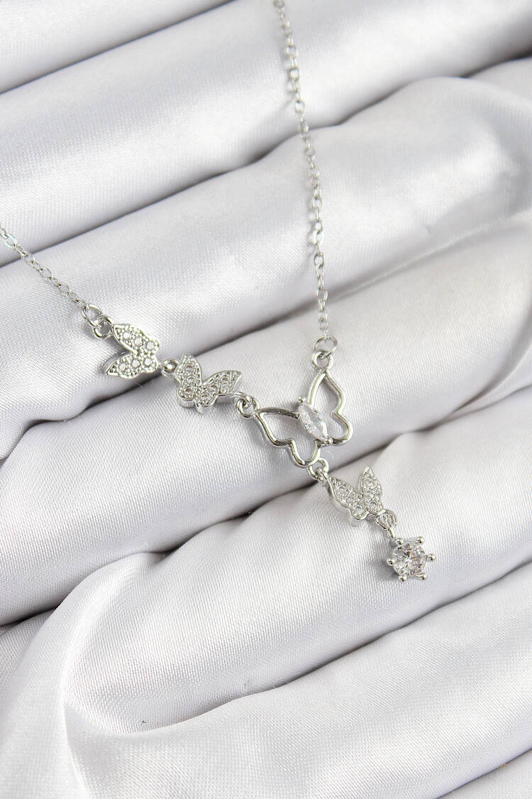 316l Steel Zircon Stone Butterfly Model Silver Color Women Necklace