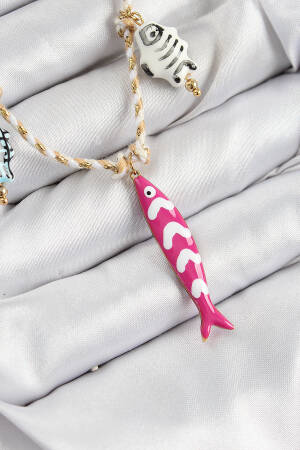 Pink Fish Figured Pattern Cream Rope Women Necklace With Ceramic Motif