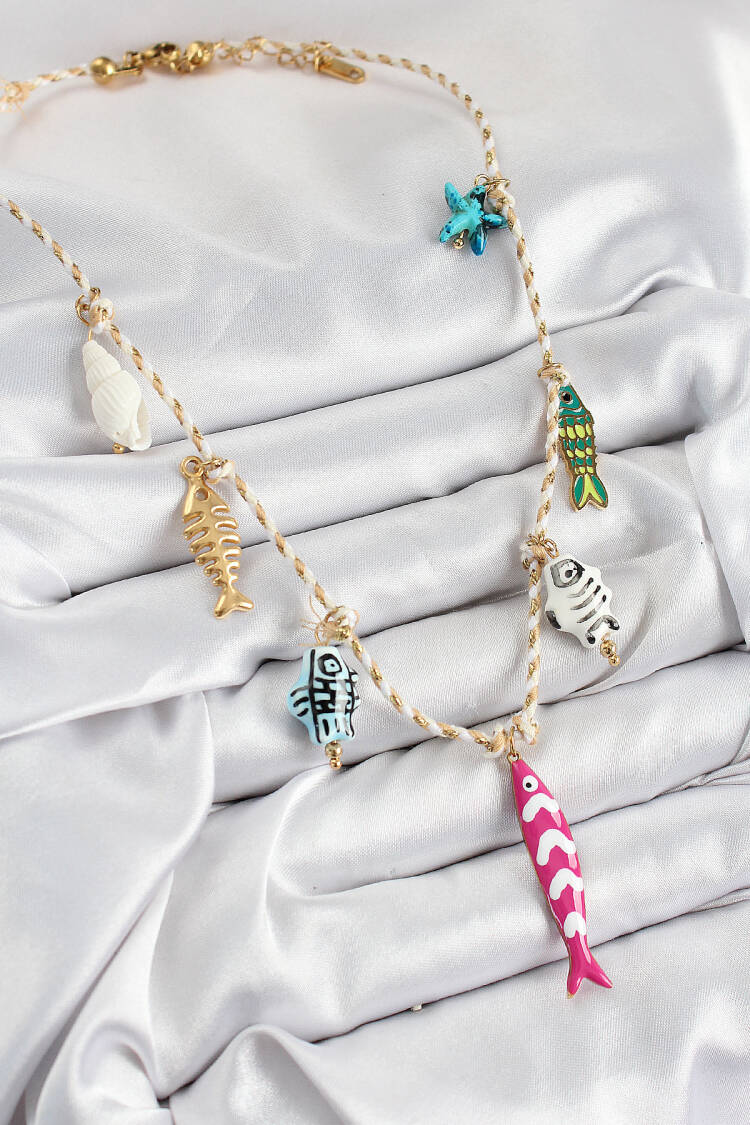 Pink Fish Figured Pattern Cream Rope Women Necklace With Ceramic Motif