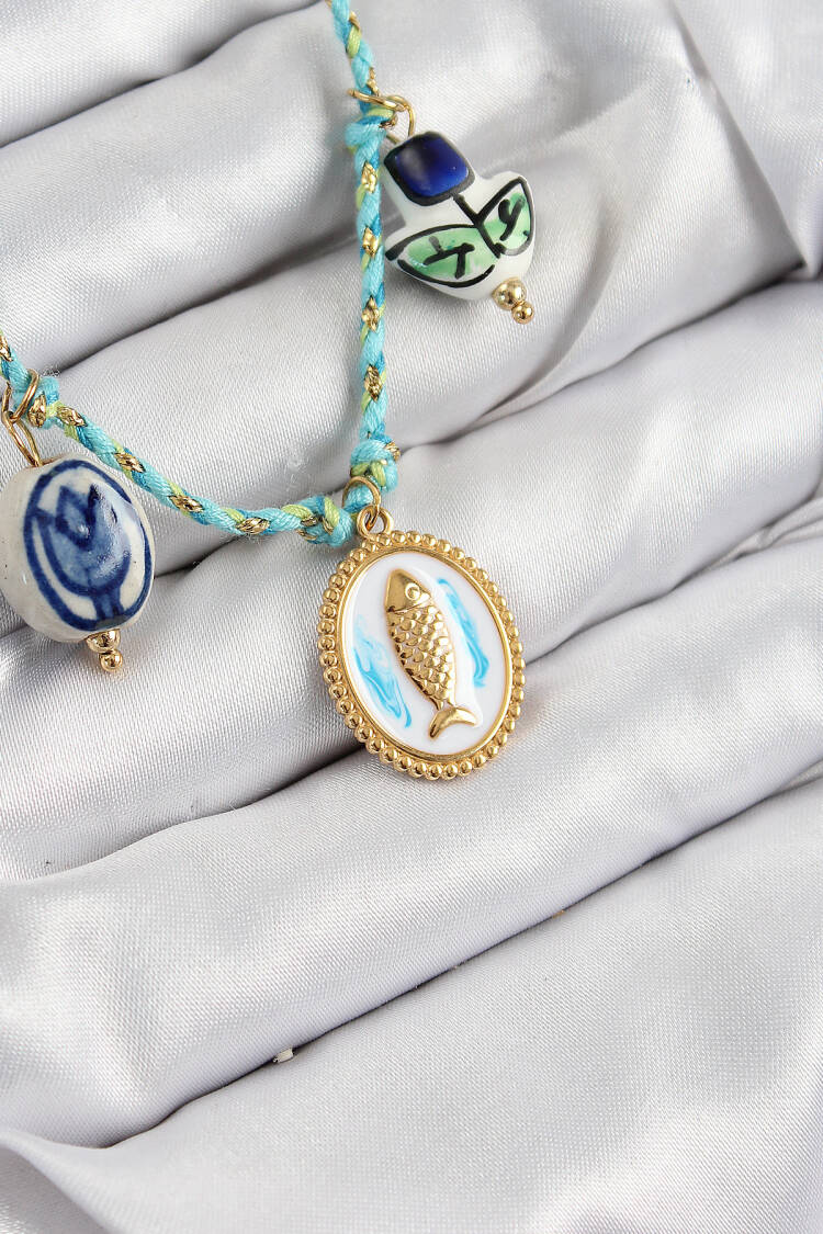 Fish Figured Pattern Blue Rope Women Necklace With Ceramic Motif