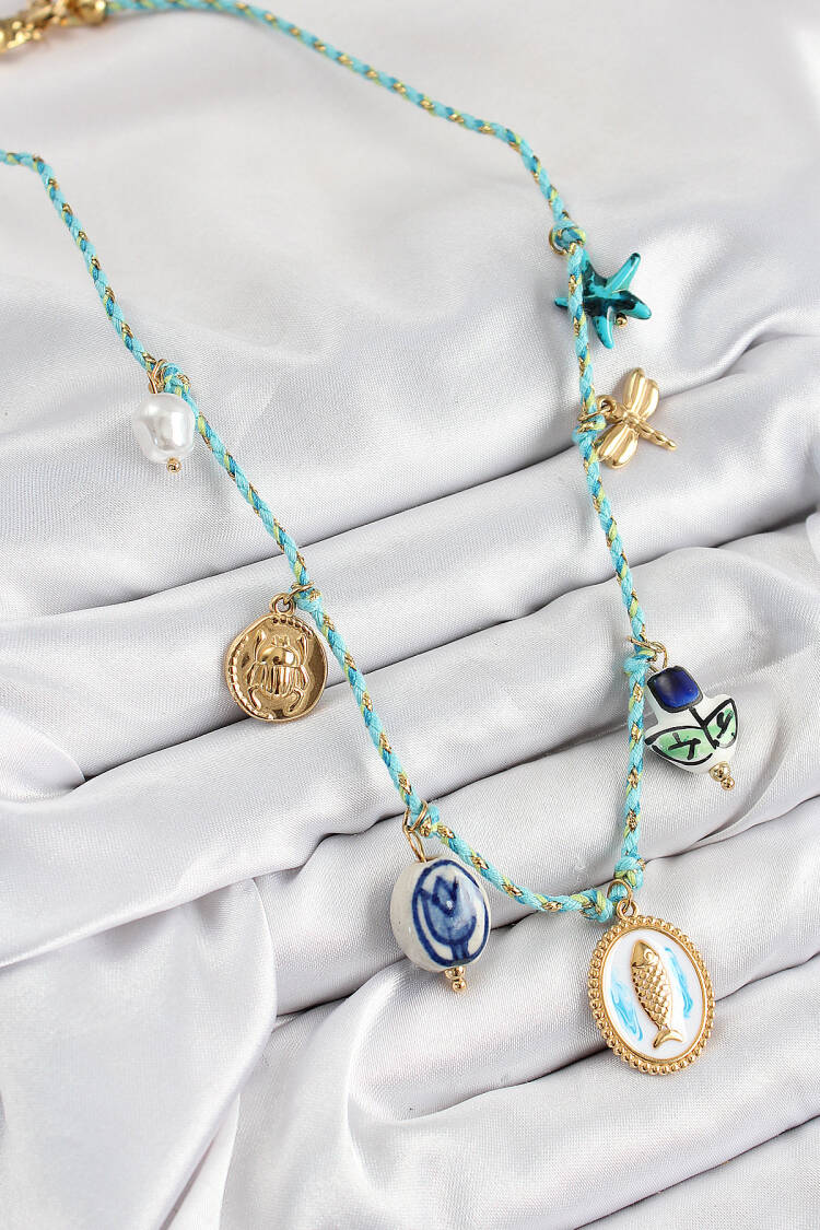 Fish Figured Pattern Blue Rope Women Necklace With Ceramic Motif