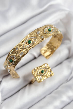 Brass Zircon Stone Eye Model Gold Color Bangle Ring Set