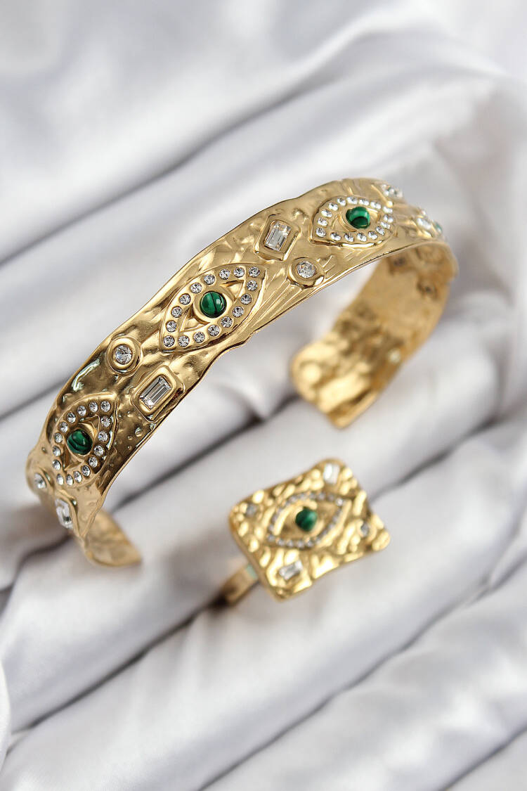 Brass Zircon Stone Eye Model Gold Color Bangle Ring Set