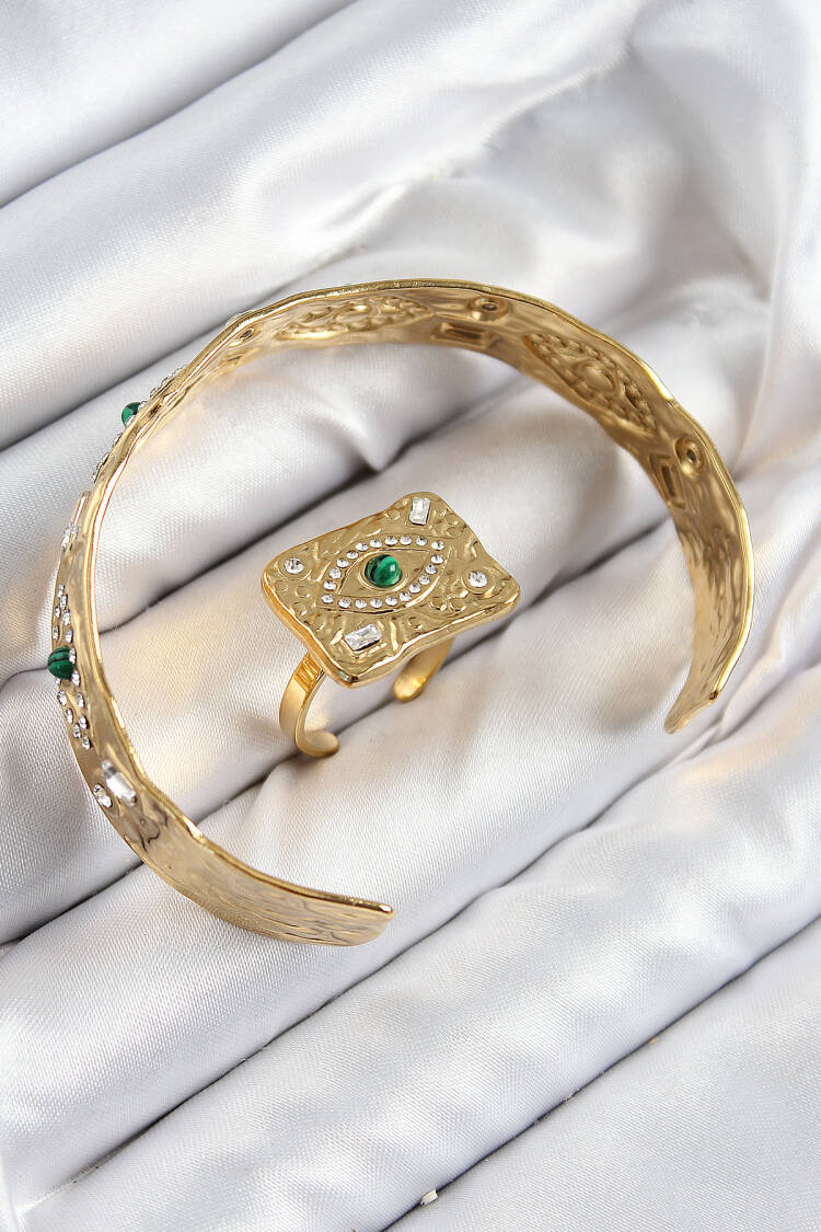 Brass Zircon Stone Eye Model Gold Color Bangle Ring Set