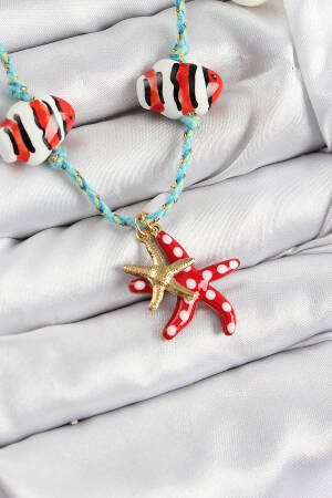 Sea Yıldız Figured Pattern Blue Rope Women Necklace With Ceramic Motif