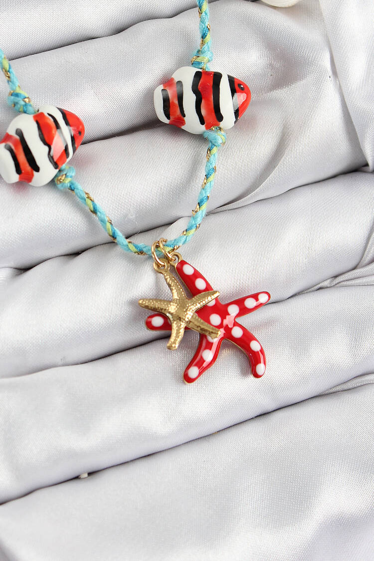 Sea Yıldız Figured Pattern Blue Rope Women Necklace With Ceramic Motif