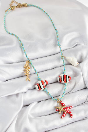 Sea Yıldız Figured Pattern Blue Rope Women Necklace With Ceramic Motif