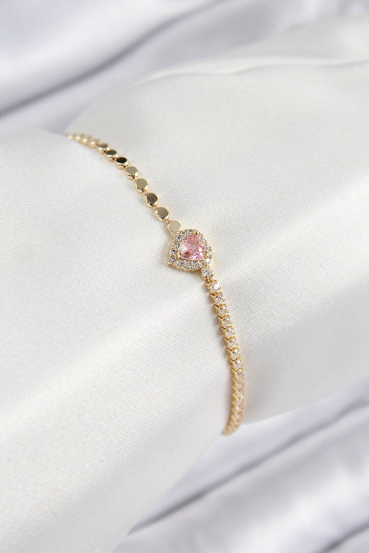 Brass Zircon Stone Heart Pattern Crush Chain Gold Color Women Bracelet