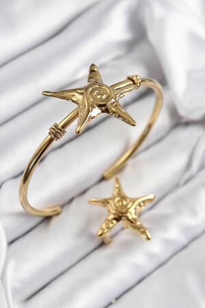 Brass Starfish Model Gold Color Bangle Ring Set