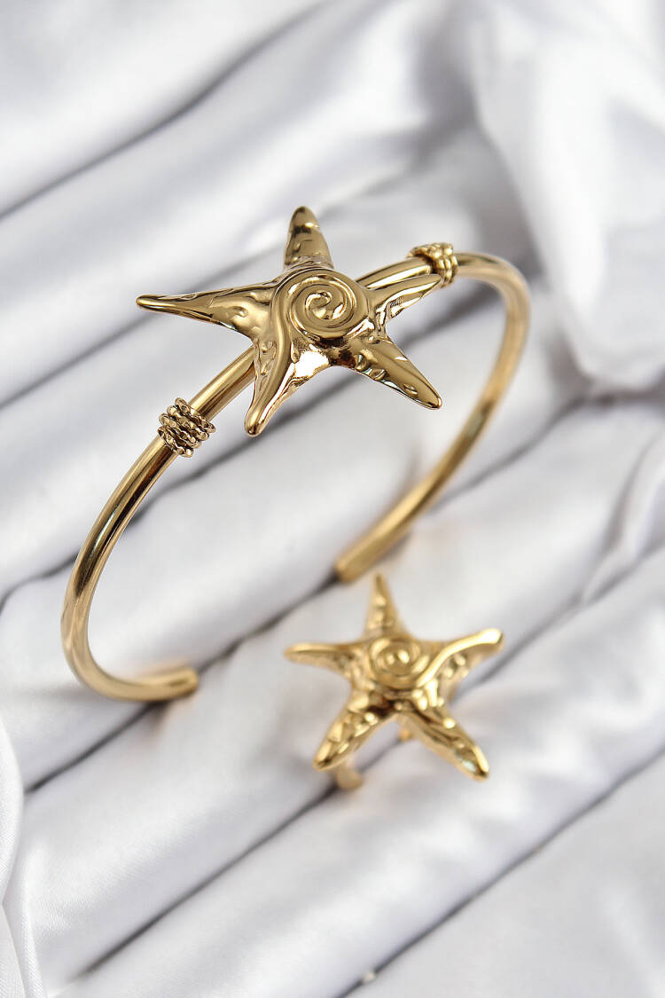 Brass Starfish Model Gold Color Bangle Ring Set
