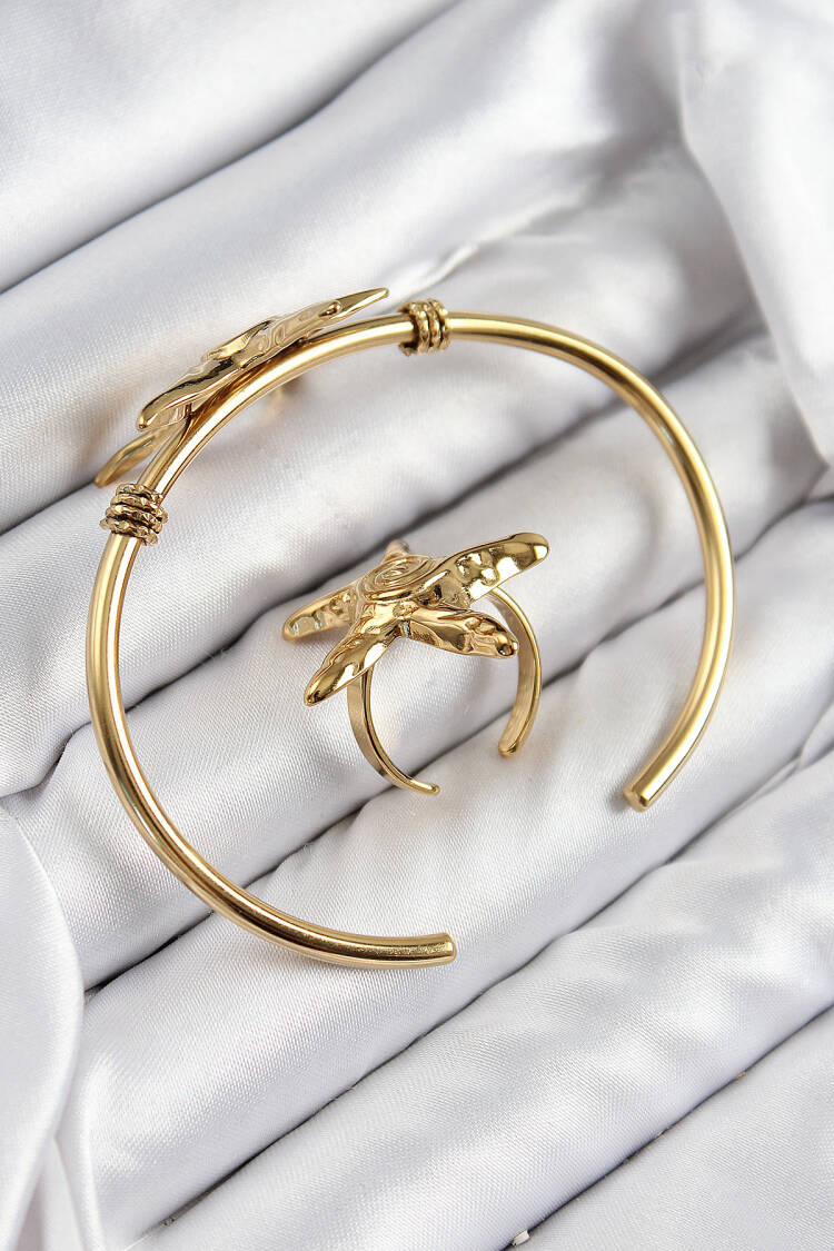 Brass Starfish Model Gold Color Bangle Ring Set