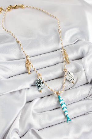 Fish Figured Pattern Cream Rope Women Necklace With Ceramic Motif