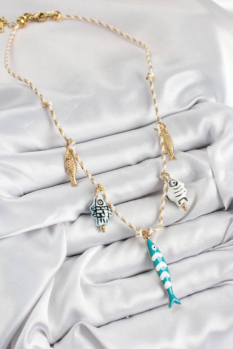 Fish Figured Pattern Cream Rope Women Necklace With Ceramic Motif