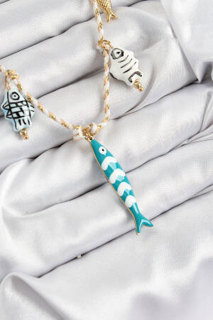 Fish Figured Pattern Cream Rope Women Necklace With Ceramic Motif