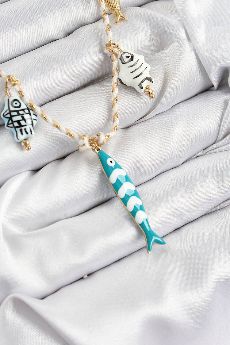 Fish Figured Pattern Cream Rope Women Necklace With Ceramic Motif
