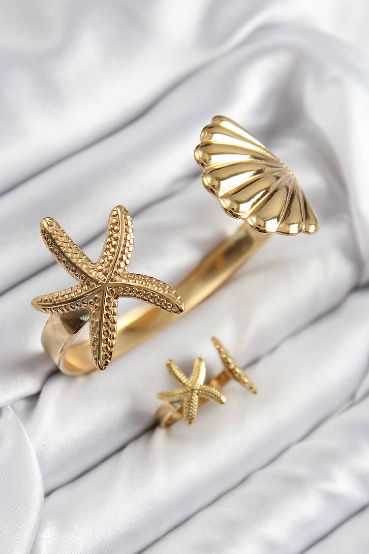 Brass Oyster And Starfish Model Gold Color Bangle Ring Set