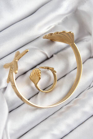 Brass Oyster And Starfish Model Gold Color Bangle Ring Set