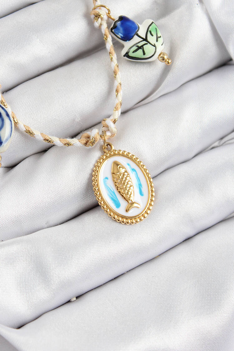 Fish Figured Pattern Cream Rope Women Necklace With Ceramic Motif