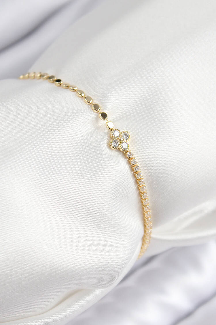 Brass Zircon Stone Clover Pattern Crush Chain Gold Color Women's Bracelet