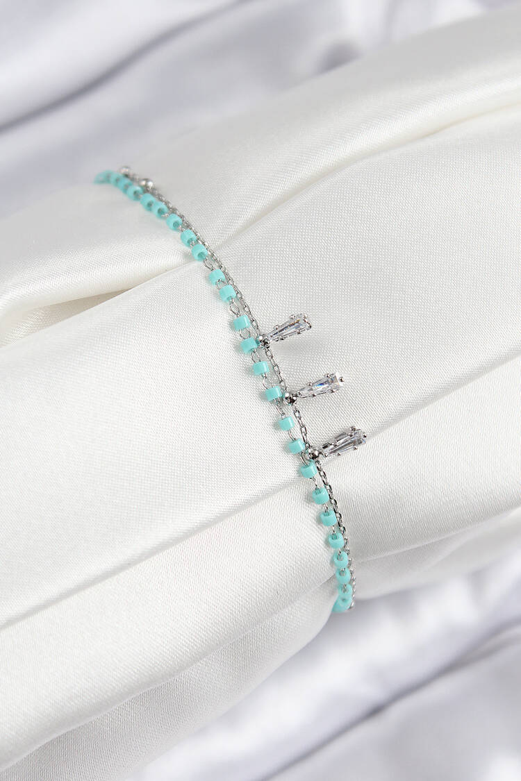 Blue Beaded Pattern Silver Color Women's Bracelet With Brass Zircon Stone