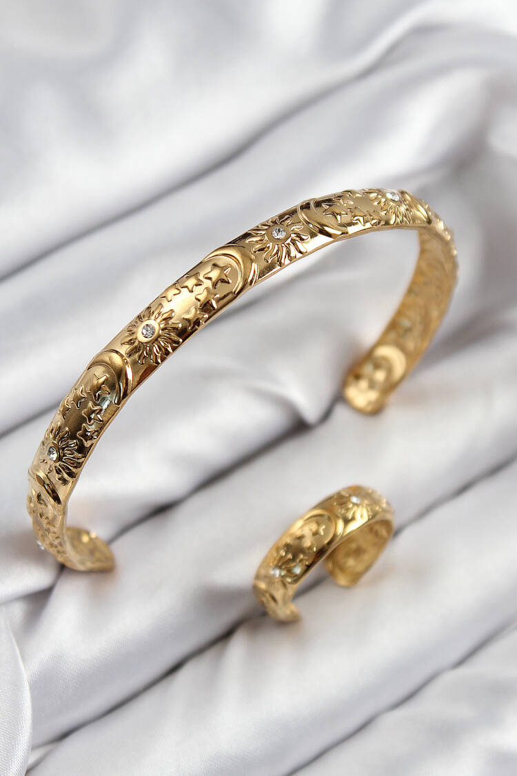 Vintage Model Gold Color Bangle Ring Set With Brass Zircon Stone