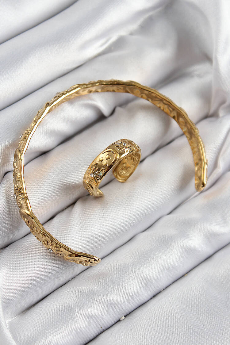 Vintage Model Gold Color Bangle Ring Set With Brass Zircon Stone
