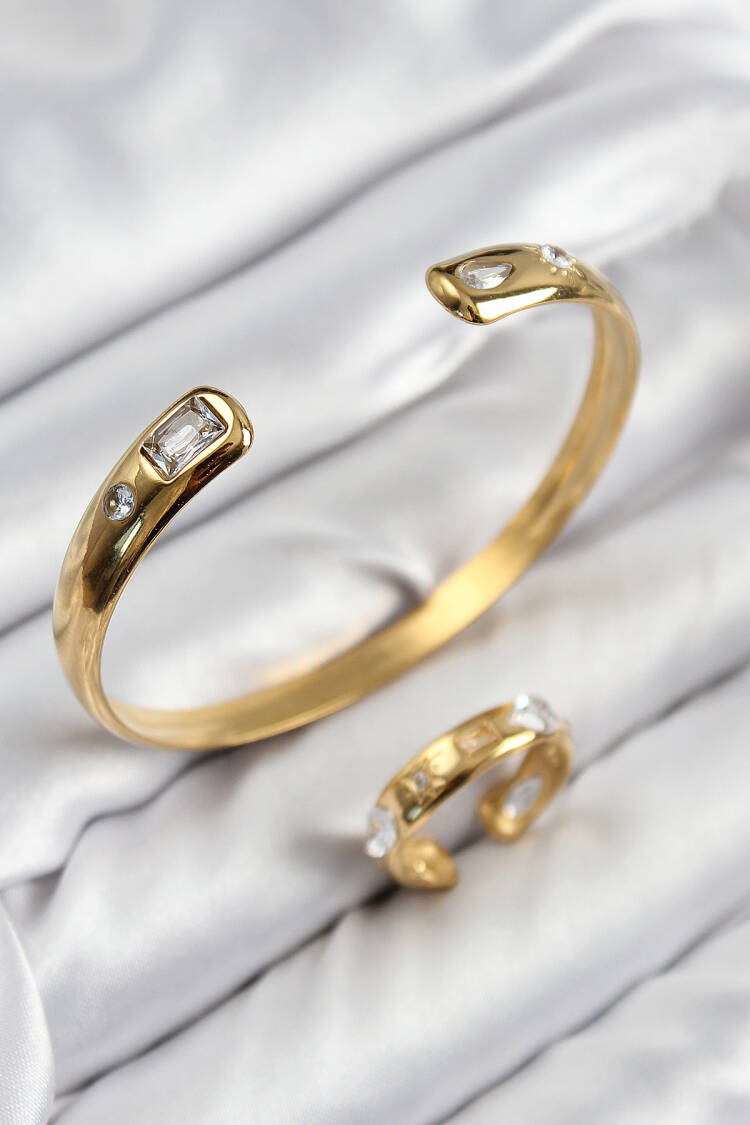 Brass Zircon Stone Split Pattern Gold Color Bangle Ring Set
