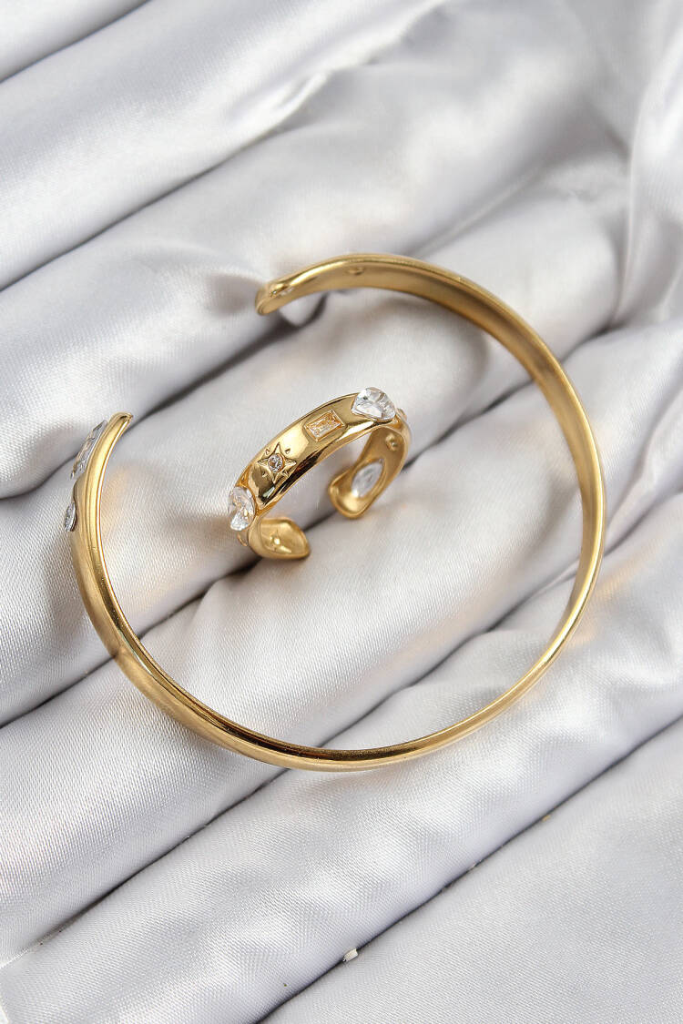 Brass Zircon Stone Split Pattern Gold Color Bangle Ring Set