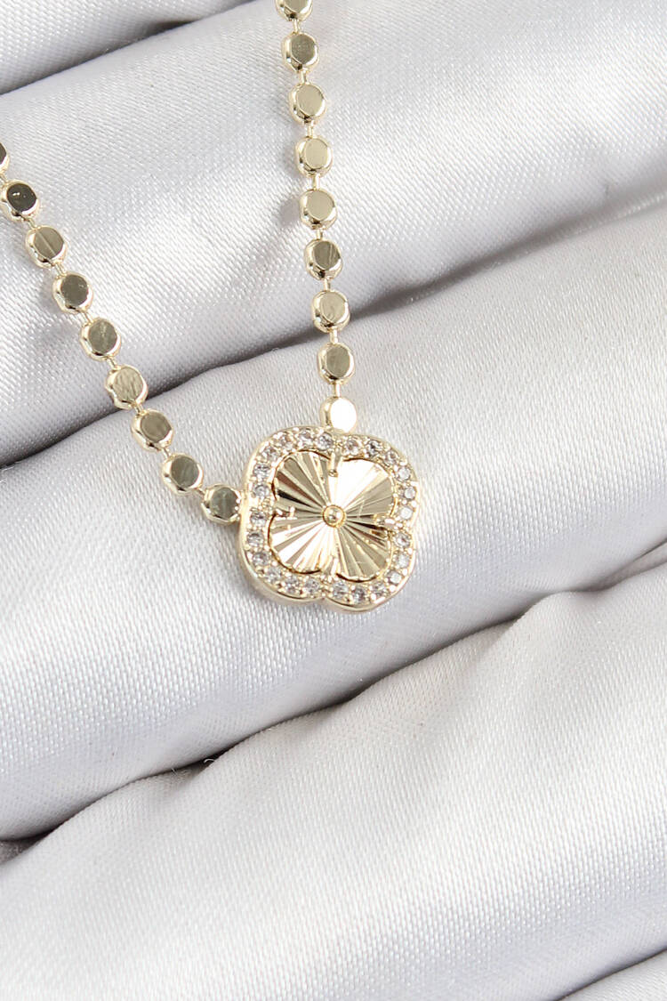 Brass Zircon Stone Clover Pattern Crush Chain Gold Color Women Necklace