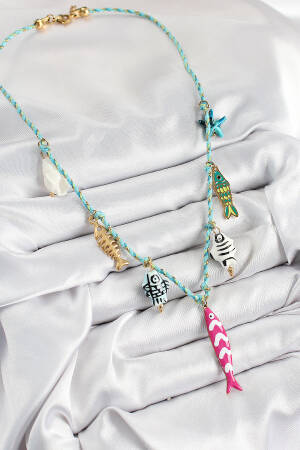 Pink Fish Figured Pattern Blue Rope Women Necklace With Ceramic Motif