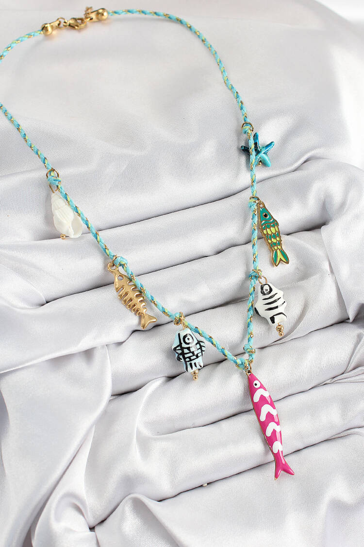 Pink Fish Figured Pattern Blue Rope Women Necklace With Ceramic Motif