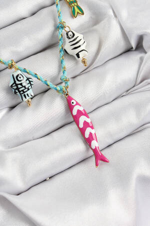 Pink Fish Figured Pattern Blue Rope Women Necklace With Ceramic Motif