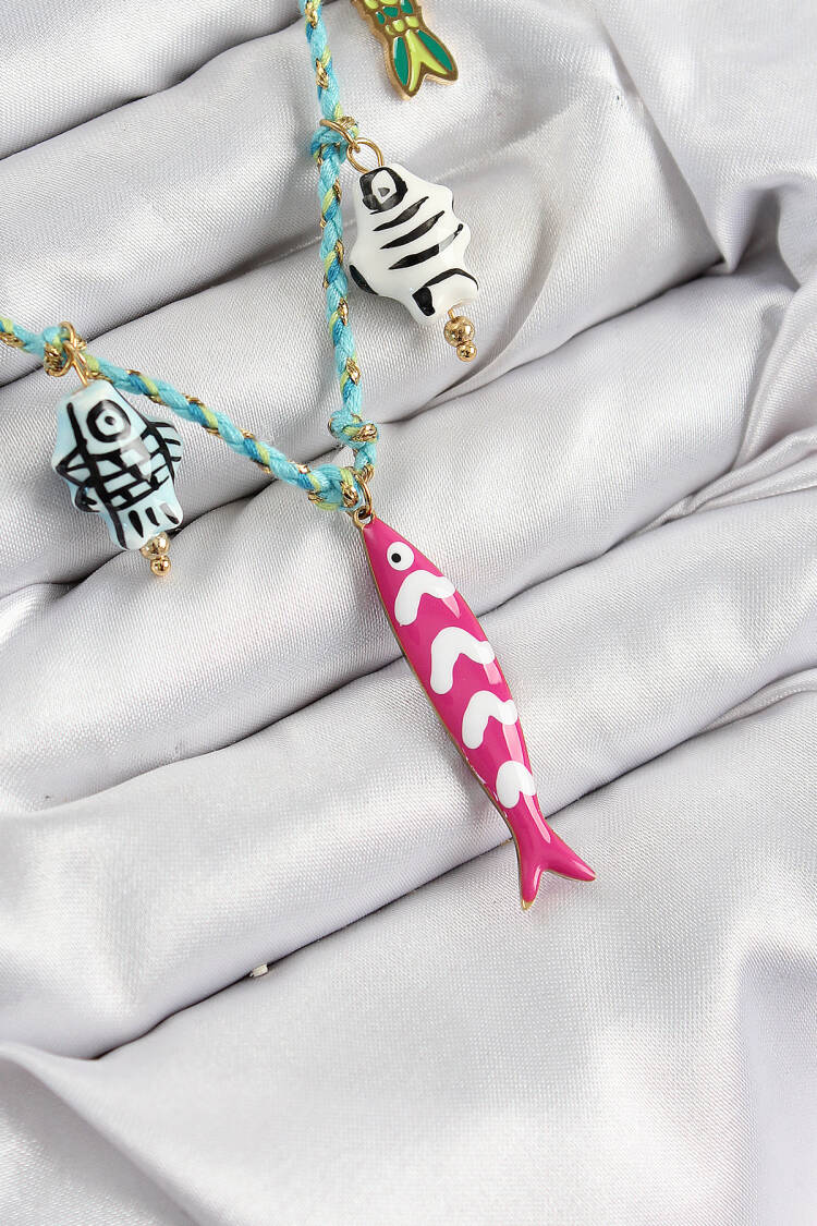 Pink Fish Figured Pattern Blue Rope Women Necklace With Ceramic Motif