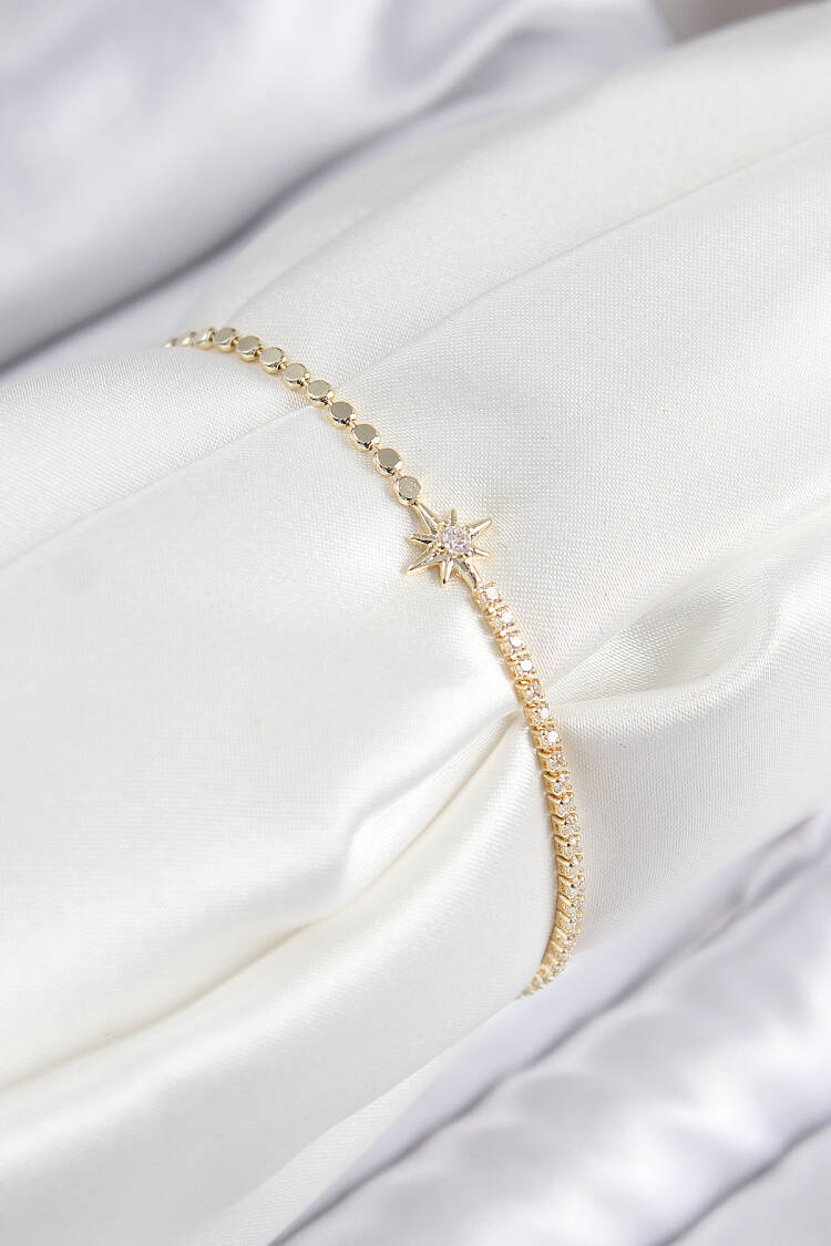 Brass Zircon Stone Pole Star Model Crush Chain Gold Color Women Bracelet
