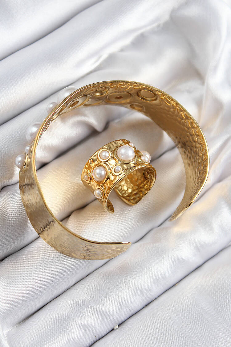 Brass Pearl Pattern Gold Color Bangle Ring Set
