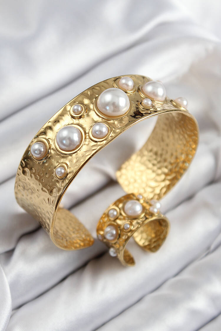 Brass Pearl Pattern Gold Color Bangle Ring Set
