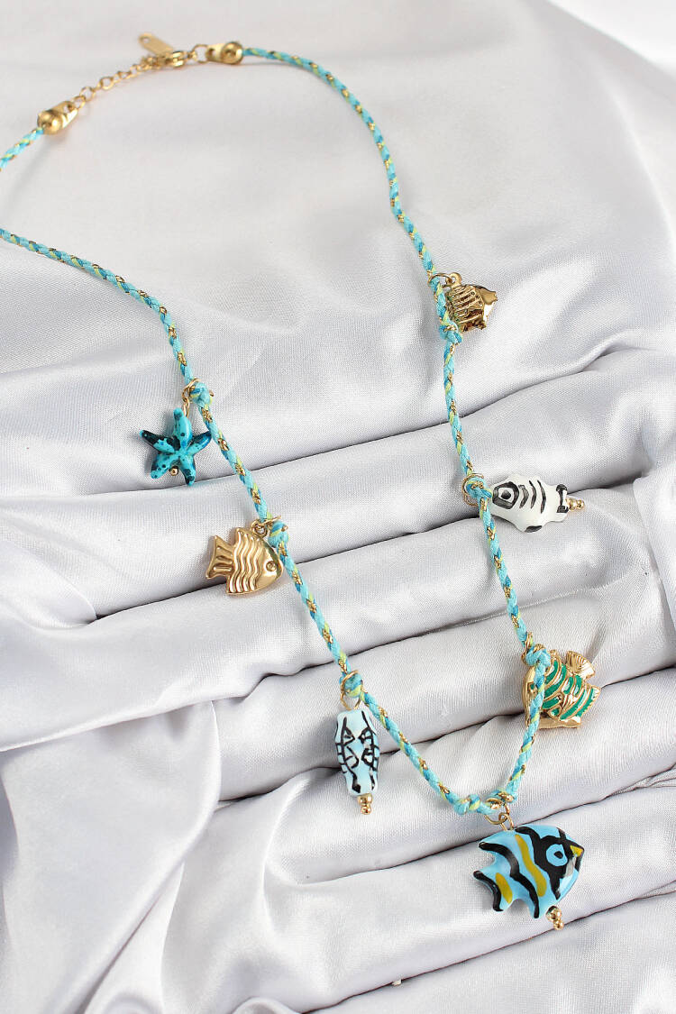 Fish Figured Pattern Blue Rope Women Necklace With Ceramic Motif