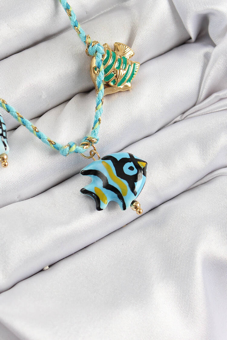 Fish Figured Pattern Blue Rope Women Necklace With Ceramic Motif
