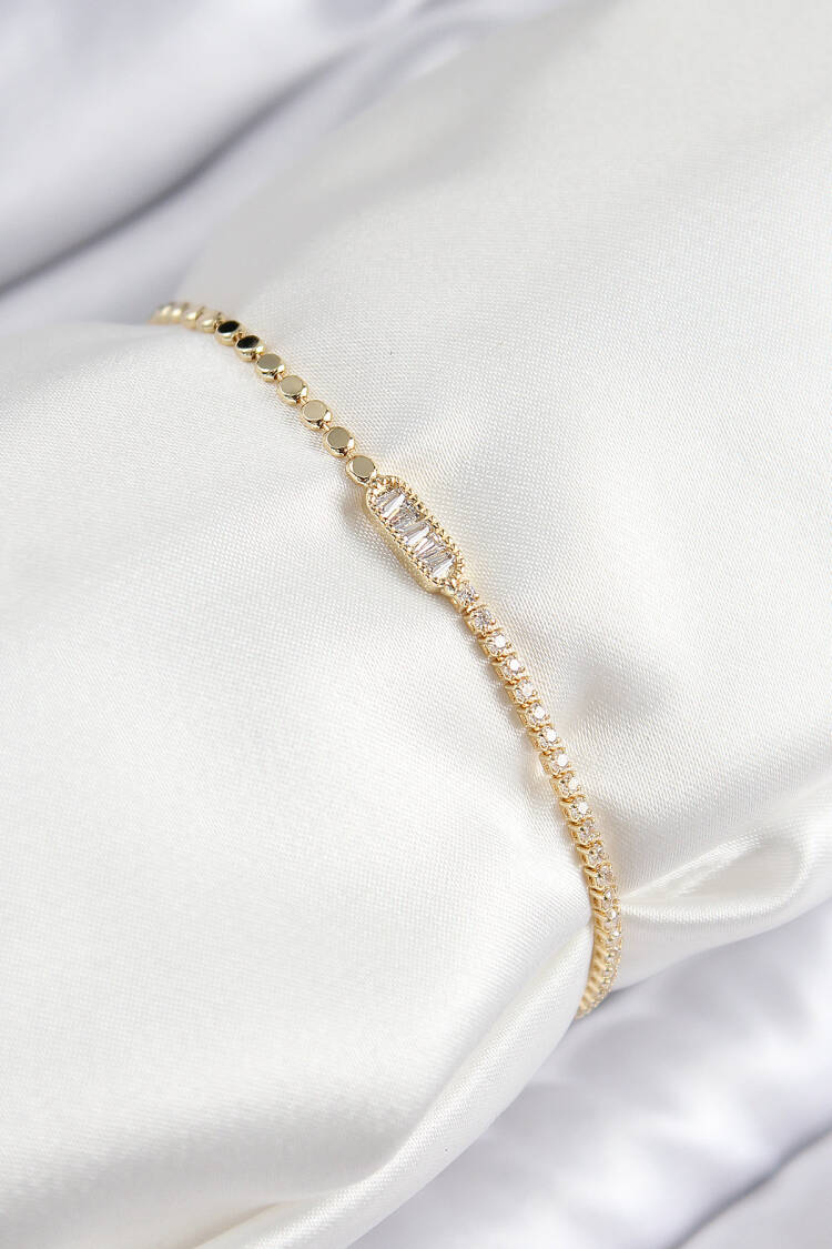 Brass Zircon Stone Rectangle Pattern Crush Chain Gold Color Women's Bracelet
