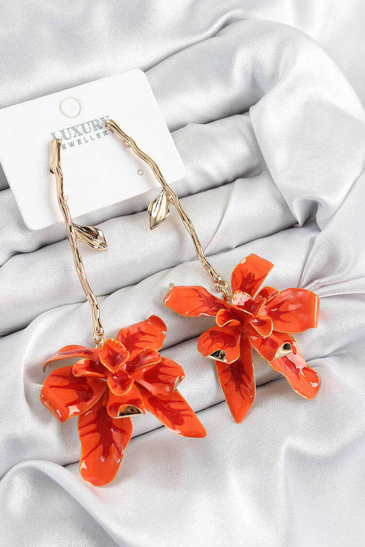 Brass Swinging Red Flower Pattern Gold Color Women's Earrings
