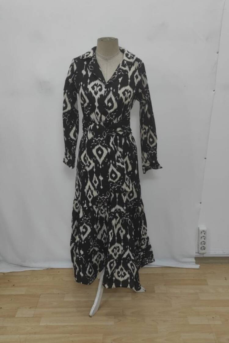 Black Casual Elegant Shirt Dress Maxi With 3/4 Sleeves