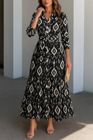 Black Casual Elegant Shirt Dress Maxi With 3/4 Sleeves