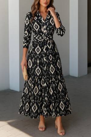 Black Casual Elegant Shirt Dress Maxi With 3/4 Sleeves