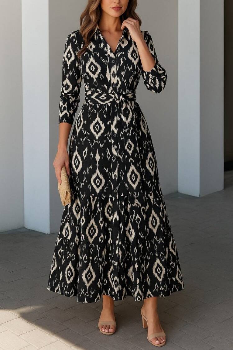 Black Casual Elegant Shirt Dress Maxi With 3/4 Sleeves